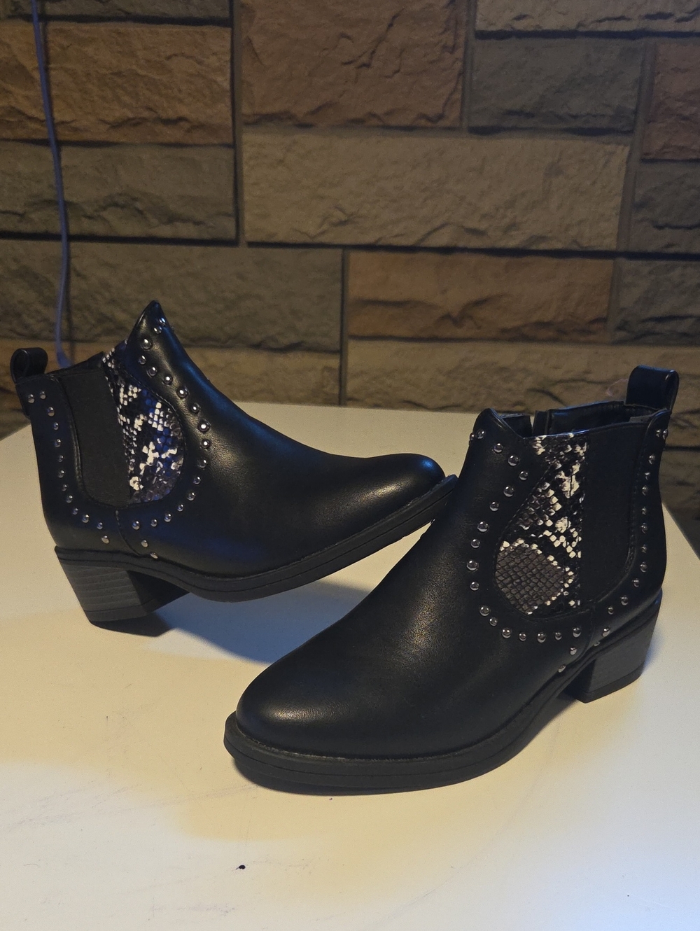 Agua De Coco Black Leather Ankle Boots with Snake-Print Panel